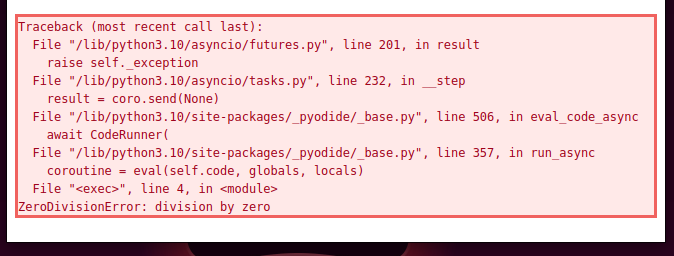A ZeroDivisionError warning box, outlined in red on an HTML page