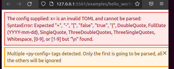 A screenshot showing a new-style error banner at the top of an HTML page (with red border) and a warning banner (with an orange border and an 'X' button to close it.